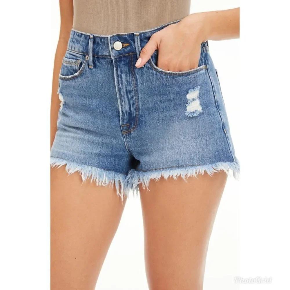 Revolve Good American Bombshell Chewed Denim Fringe Jean Shorts